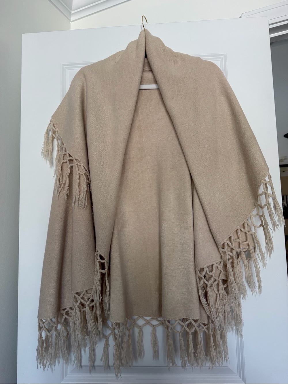 Beige Fringe Knit Jacket Shawl with Arm Holes